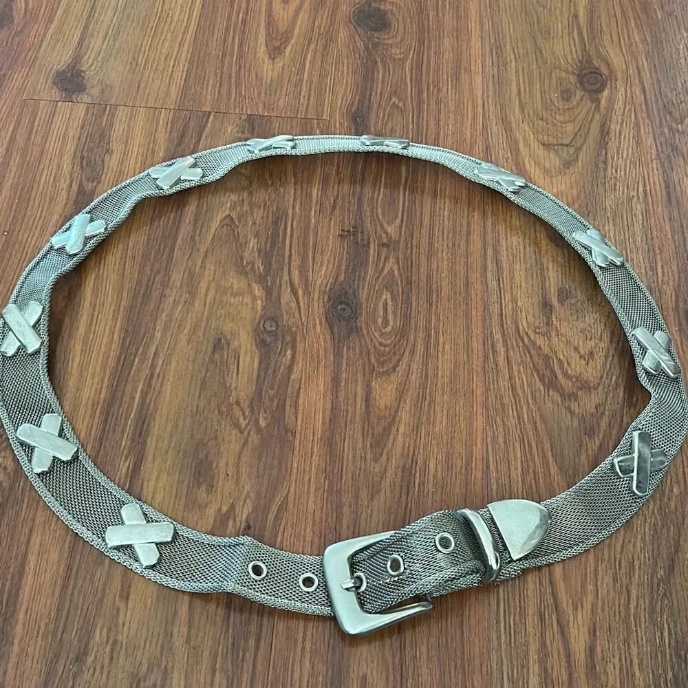 Vintage silver mesh belt with Criss Cross belt reversible brown black silver buc